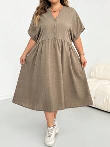 SHEIN CURVE+ Đầm midi nữ size lớn tay ngắn màu kaki, phong cách thời trang thường ngày thoải mái, dáng rộng, cơ bản đa năng, có túi, kiểu đơn giản, trang phục mùa xuân/hè - Màu Khaki - Xem 6
