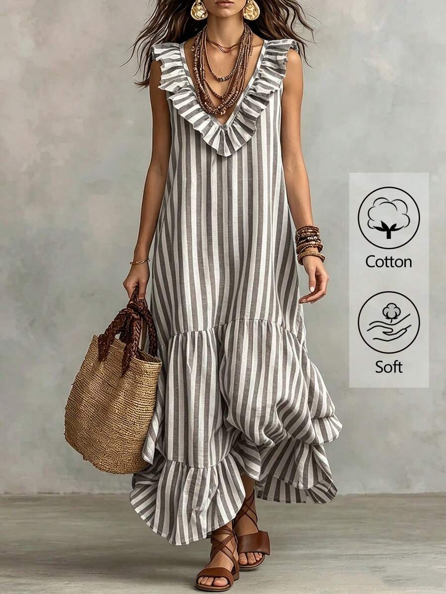 SHEIN 女款深V領無袖條紋洋裝 - 棕色 - 查看 1