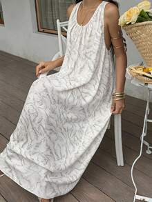 Livesso Vacation Holiday Outfit Summer V-Neck Sleeveless Backless Tie-Dye Texture Loose White Women's Dress Beach Boho - White - View 4