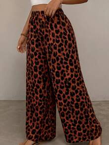 SHEIN VCAY Plus Size Women's Vacation Casual Loose All-Over Leopard Print Wide Leg Long Pants - Orange - View 3