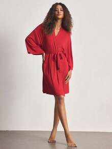 Ocili Comfortable Ribbed Soft & Smooth Cotton Robe, Women Sleepwear Loungewear - Red - View 2