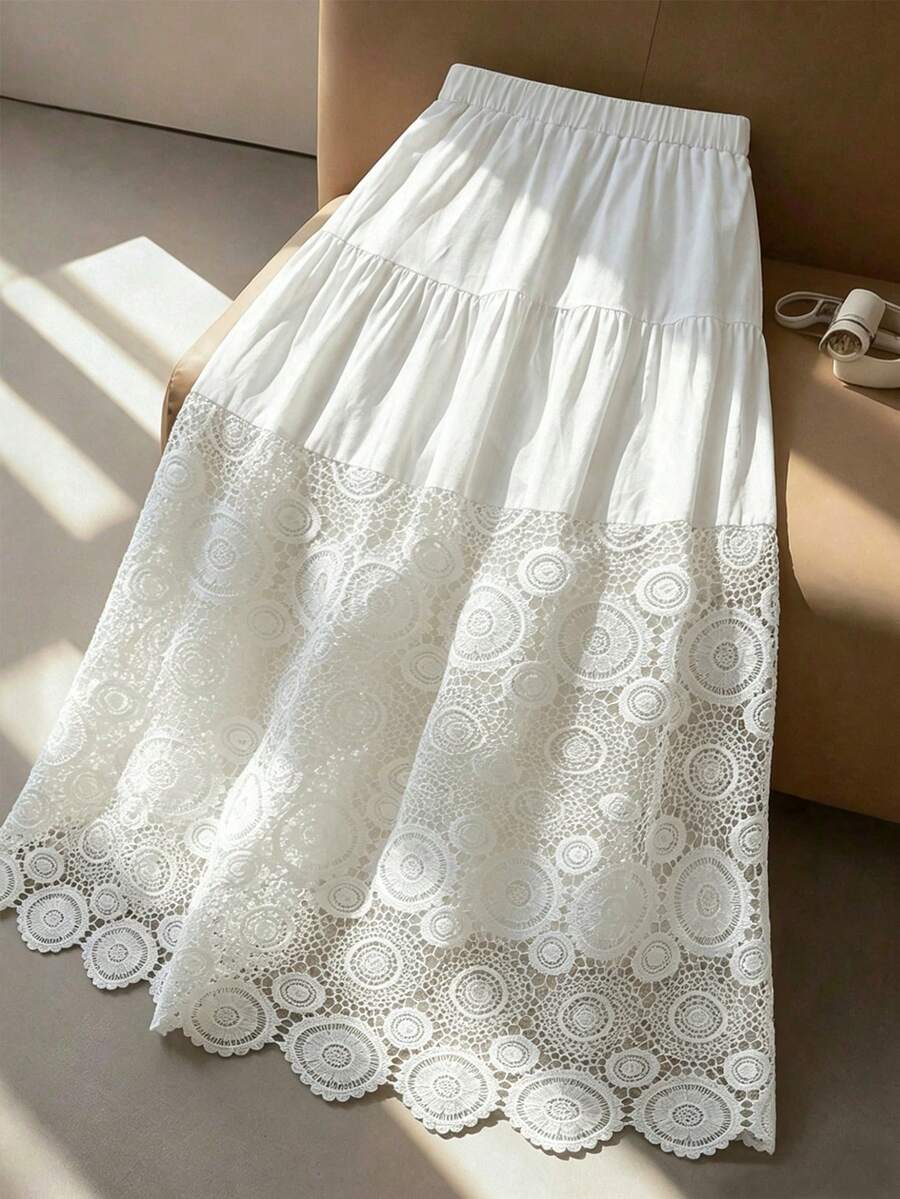 GlowEve CURVE Plus Size Minimalist Elegant Lace Patchwork Midi A-Line Skirt Tea Party Vacation White Autumn Fall Summer Beach Dress Festival Party Country - White - View 1
