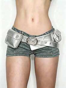 ROMWE Grunge Punk Y2K 龐克風白色金屬鉚釘氣泡眼多口袋可調節金屬扣女款腰包 - 銀色大扣款 - 查看 1