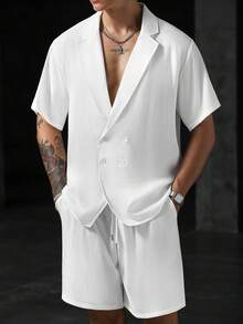 Manfinity CasualCool 男士短袖襯衫與短褲套裝，竹紋理人造絲聚酯纖維親膚襯衫套裝 - 白色 - 查看 1