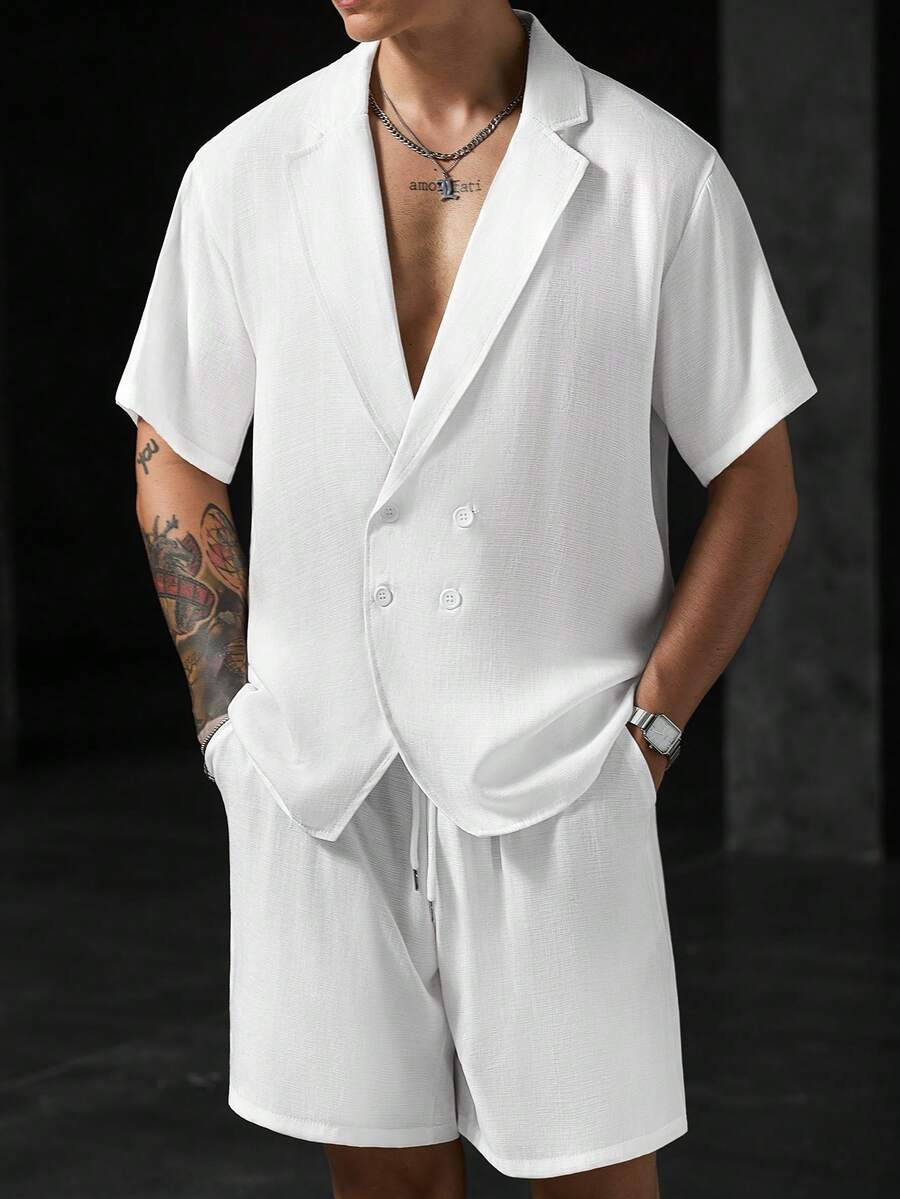 Manfinity CasualCool 男士短袖襯衫與短褲套裝,竹紋理人造絲聚酯纖維親膚襯衫套裝 - 白色 - 查看 1