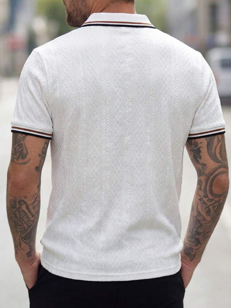 Manfinity CasualCool Men's Striped Short Sleeve Casual Commuter Polo Shirt - Black and White - View 2
