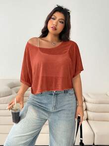 SHEIN EZwear 大尺碼女款素色不對稱肩休閒百搭日常穿搭T恤 - 紅色 - 查看 6