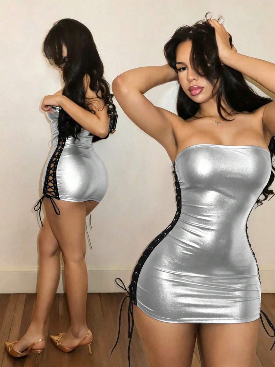 BamGleam 女款性感人造皮革綁帶式無肩帶短款夏季洋裝