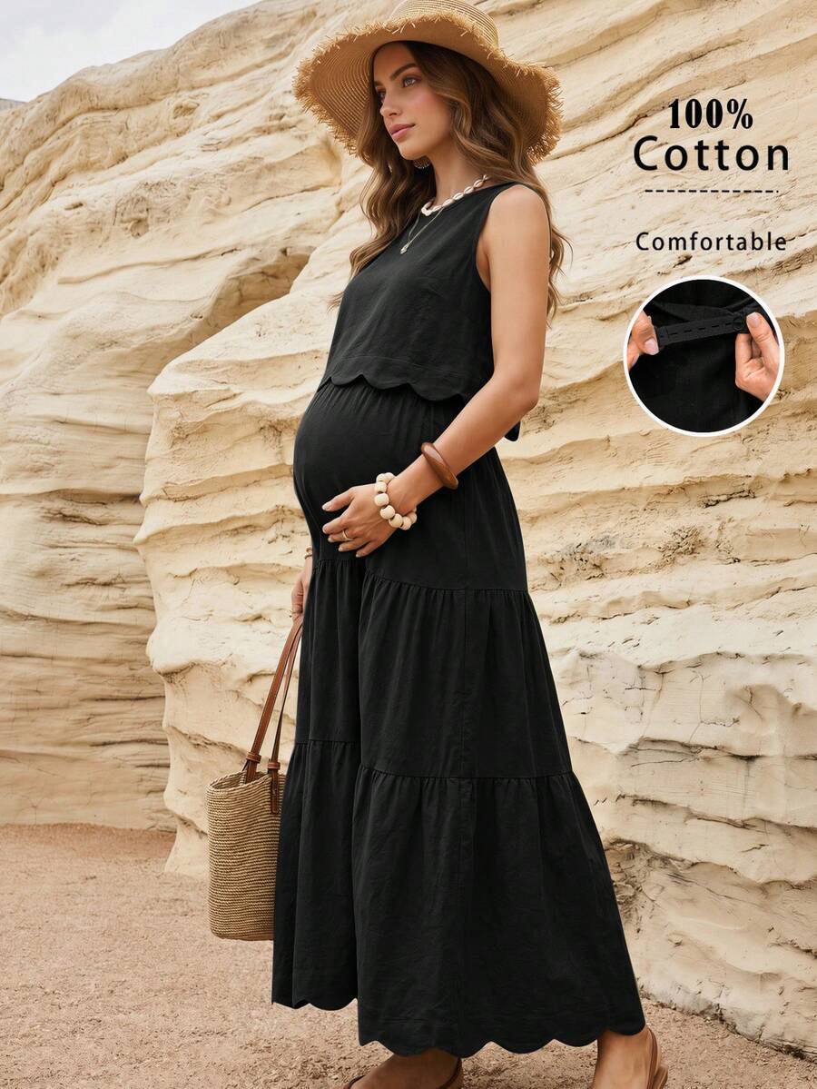 Boho Mama 孕婦純色圓領上衣與可調腰圍裙子休閒日常兩件套 - 黑色 - 查看 1