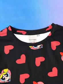THE POWERPUFF GIRLS X SHEIN Conjunto de pijama infantil feminino com estampa floral e de corações, composto por camiseta e shorts. Ideal para primavera/verão. - Preto - Ver 3