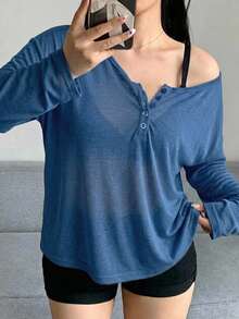 Dazy Plus Camiseta de manga larga con cuello amplio y apertura frontal parcial, unicolor, primavera/verano - Neblina azul - Ver 3