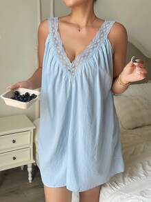 Dazy Plus Contrast Lace V-Neck Blue Elegant Casual Knee-Length Home Wear Plus Size Women's Nightgown Spring Summer - Baby Blue - View 2