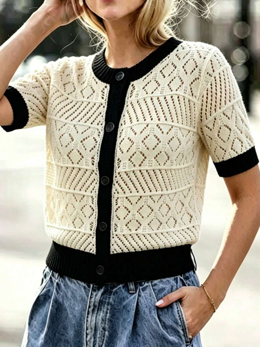 SHEIN 女款短袖撞色鈕扣針織鏤空開襟外套 - 杏色 - 查看 1