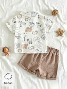 SHEIN Vintaside Kids Infant Toddler Baby Boys Summer Cute Animal 2-Piece Set, Collared Short Sleeve Button-Up Shirt With Cute Cartoon Animal Print And Elastic Waist Shorts, Baby Boy Shirt Set, Baby Summer Set, Baby Boy Cute Animal Set, Baby Clothing, Baby Boy Summer Shirt And Shorts 2-Piece Set - Khaki - View 9