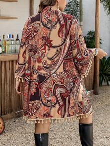 SHEIN LUNE 女款大尺碼圖案印花流蘇開襟外套 - 棕色 - 查看 2