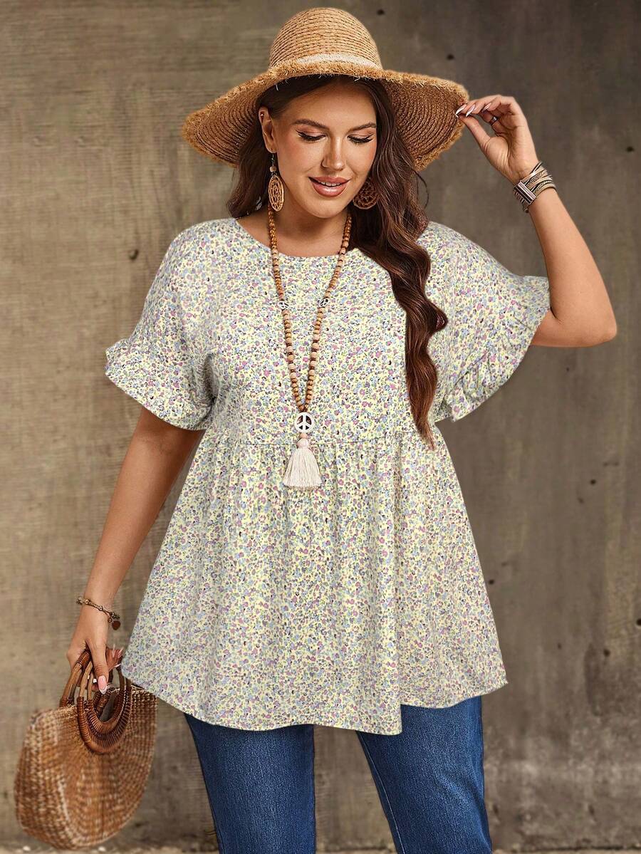 EMERY ROSE Plus Size Floral Print Round Neck Ruffle Hem Casual Boho Short Sleeve Shirt, Summer Vacation Beige - Yellow - View 1