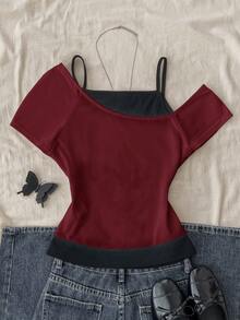 Teen Girls Casual Retro Print 2 In 1 Patchwork Short Sleeve T-Shirt - Burgundy - View 3