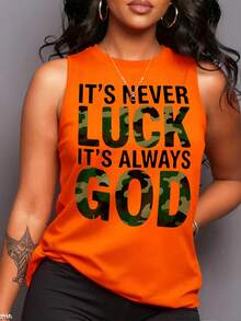 Maweii Tank Top Wanita Ukuran Besar Motif Huruf Oranye Leher Bulat Tanpa Lengan Modis - Jeruk - View 1