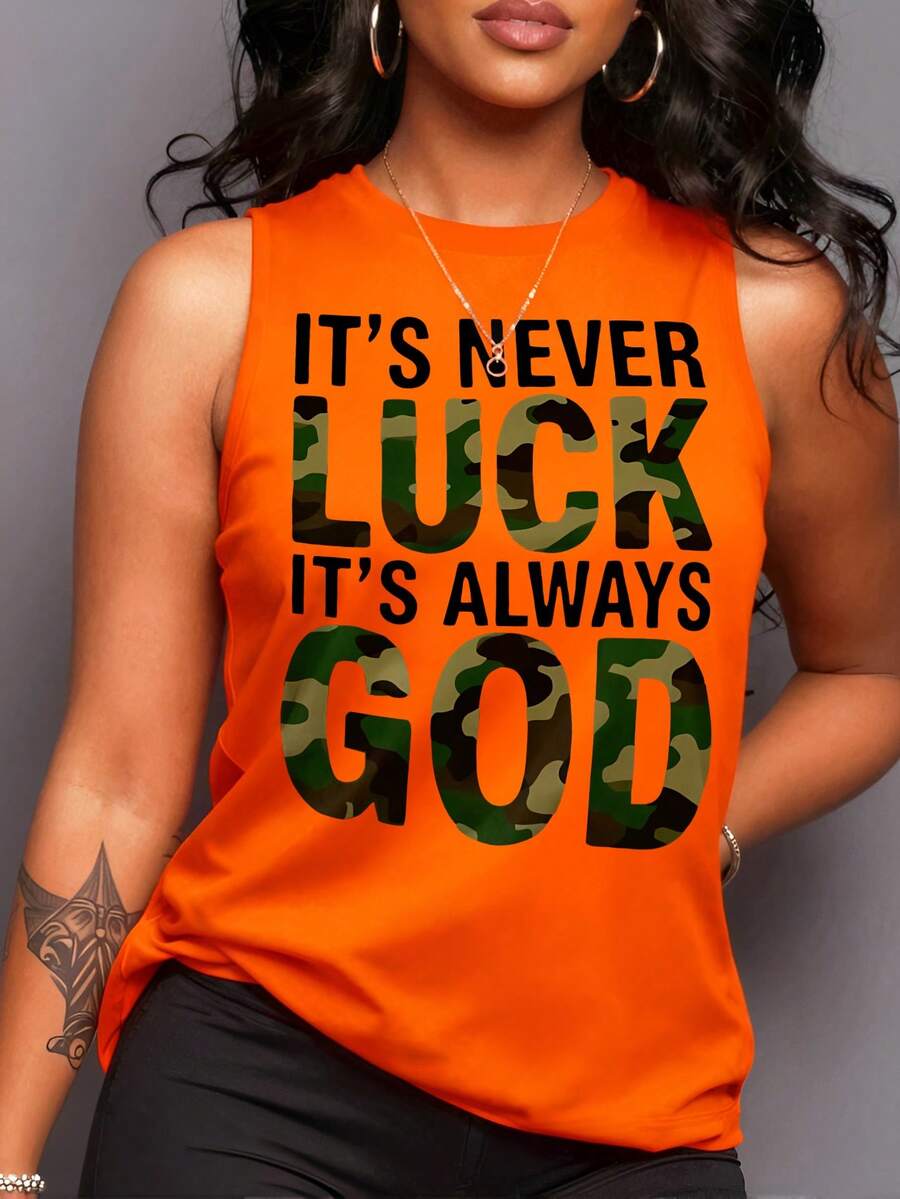 Maweii Tank Top Wanita Ukuran Besar Motif Huruf Oranye Leher Bulat Tanpa Lengan Modis - Jeruk - View 1