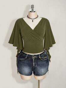 SHEIN ICON 女款大尺碼交叉V領收腰T恤 - 軍綠色 - 查看 6