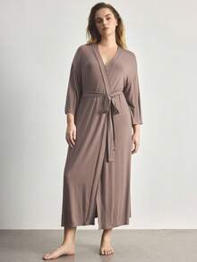 Ocili Comfortable Soft Minimalist Long Sleeve Plus Size Robe - Brown - View 5