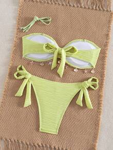 Swim Vcay Women's Summer Beach Vacation Pool Party Swim Fashion Sweet Casual Tropical Textured Fabric Bandeau Bikini Starfish 2pcs Set Sexy Backless Yellow - Multicolor - View 2