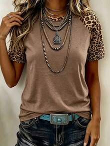 EMERY ROSE Women's Leopard Print Colorblock Casual Versatile Daily Short Sleeve T-Shirt - Multicolor - View 3