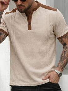 Manfinity CasualCool Camisa casual de hombre con cuello Henley de punto de gofre, manga corta, cuello polo de color en contraste, camiseta elegante de estilo Old Money en beige & marrón, adecuada para uso diario en verano, salidas de fin de semana, actividades al aire libre, viajes, looks de crucero/yate, ocasiones semiformales, excelente regalo para novio/esposo en cumpleaños/aniversario - Albaricoque - Ver 4