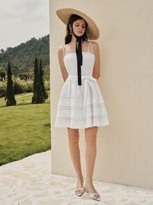 MOTF PREMIUM WOMEN'S ELEGANT HOLLOW LACE MULTI-LAYER RUFFLE SHORT CAMI DRESS - White - View 2