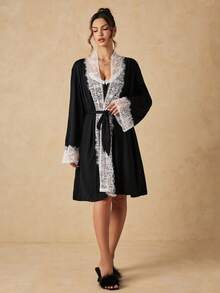HautHeat 女款對比色蕾絲拼接吊帶睡裙與睡袍家居服套裝 - 黑色 - 查看 5