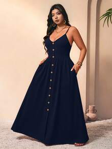 Breezaya Plus Size Women Solid Color Pleated Casual Party Dress With Spaghetti Straps - Navy Blue - View 3