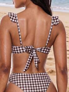Swim Basics 新款歐美女款性感老錢風可愛時尚極簡純色荷葉邊抓褶深V露背綁帶上衣，海灘泳池派對棕色條紋 - 棕色 - 查看 2