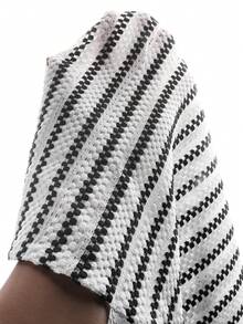 SLATEMANN Men's Black & White Textured Jacquard Striped Casual Holiday Short Sleeve Shirt - Black and White - View 4
