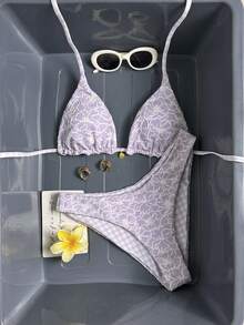 Swim Mod Women's Sweet Pink Floral Pattern Dual-Color Special Double-Fabric Fashion Bikini Set - Mauve Purple - View 3