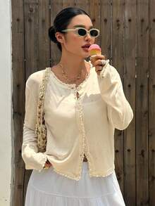 Dazy Plus Cardigan Wanita Ukuran Besar Warna Putih Polos dengan Hiasan Rumbai, Longgar, Kasual, Serbaguna, Cocok untuk Musim Semi, Musim Panas, Musim Gugur, dan Liburan. - Aprikot - View 4