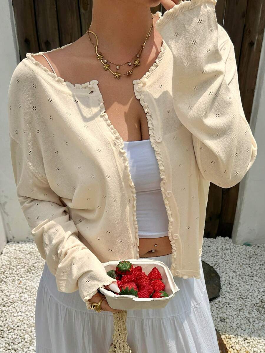 Dazy Plus Cardigan Wanita Ukuran Besar Warna Putih Polos dengan Hiasan Rumbai, Longgar, Kasual, Serbaguna, Cocok untuk Musim Semi, Musim Panas, Musim Gugur, dan Liburan. - Aprikot - View 1
