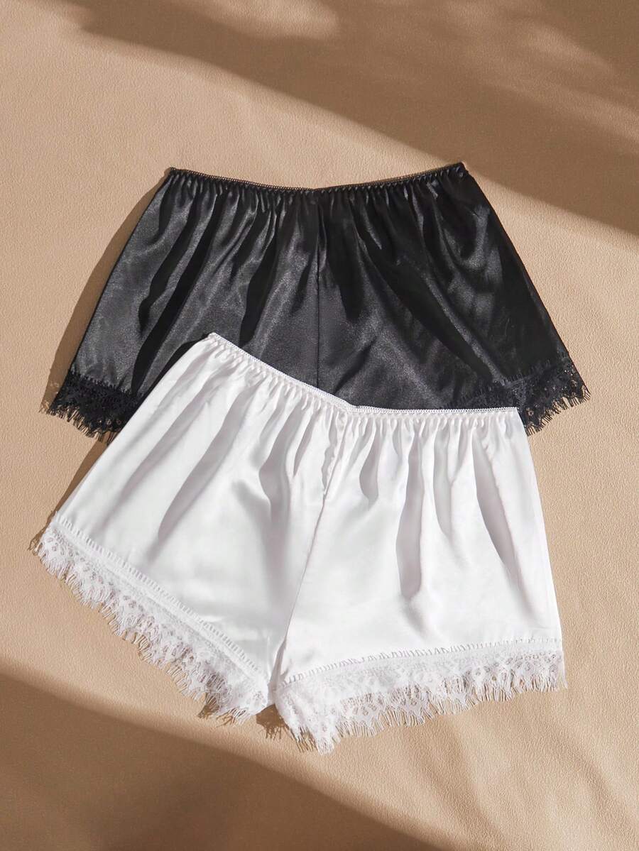 Lullawish Bộ 2 quần short cạp thấp vải satin phối ren tương phản phong cách Bohemian - Nhiều màu - Xem 1