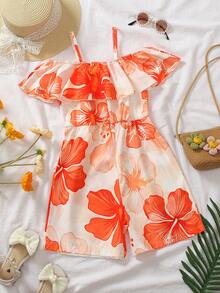 Tween Girl Floral Print Ruffle Hem Camisole Romper - Orange - View 5