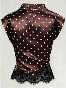 GlowEve Women's Black & White Stand Collar Asymmetric Ruffle Polka Dot Lace Splice Elegant Casual Commute Daily Wear Summer New Arrival Women's Blouse / Women's Top - Burgundy - View 2