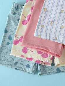 SHEIN Playful Pals 4套幼兒女童可愛休閒花朵櫻桃愛心印花荷葉袖柔軟兩件套夏季上衣短褲套裝 度假海灘穿搭 - 彩色 - 查看 7