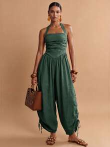 Zivah Jumpsuit Wanita Warna Polos untuk Liburan, Model Liburan, dengan Lipit di Bagian Bawah, Tali Serut, dan Leher Halter. - Hijau Tentara - View 9