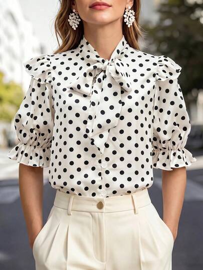 Editum Women's New Elegant Bow Tie Lace-Up Polka Dot Single-Breasted Casual Versatile Daily Shirt