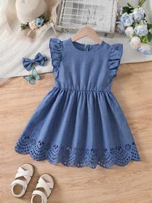 Babygirl Cute Summer Blue Ruffle Hollow Embroidery Dress - Blue - View 3