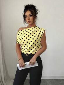 SHEIN Elenzya 波點不對稱肩無袖女款上衣，露肩優雅通勤襯衫 - 黃色 - 查看 5
