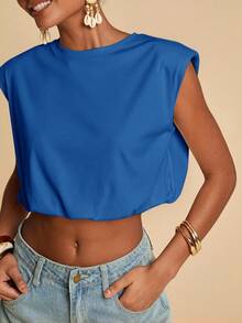 Travachic Women's Solid Color Round Neck Cropped Casual Versatile Tank Top - Royal Blue - View 1