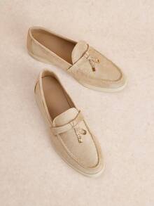 Rosivie Women's Slip-On Suede Casual Loafers, Comfortable Soft British Style Fringe Buckle Versatile Shoes - Apricot - View 1