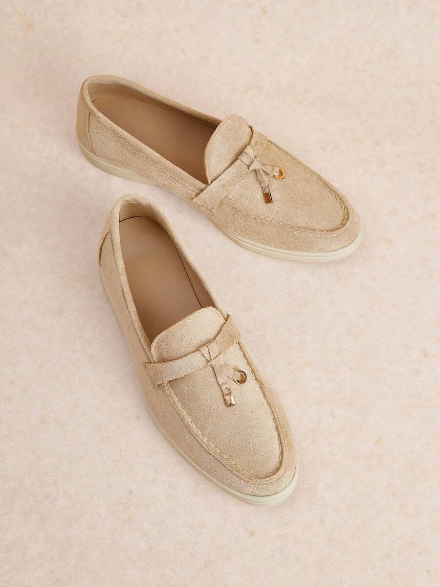 Rosivie Women's Slip-On Suede Casual Loafers, Comfortable Soft British Style Fringe Buckle Versatile Shoes - Apricot - View 1