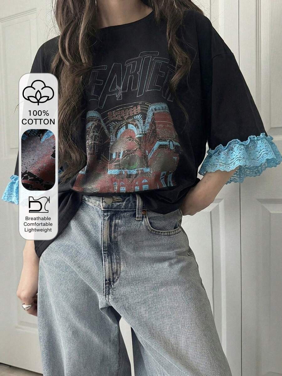 FRIFUL Women's Casual Loose Fit Letter Print Lace Patchwork Short Sleeve T-Shirt, Breathable Cotton Blend, Versatile For Spring/Summer Graphic Tee - Black - View 1
