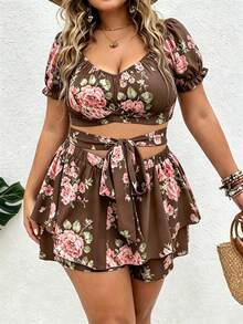 Vionelle Plus Size Women's Floral Print Short Top And Skort 2-Piece Set - Brown - View 4