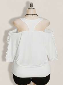 SHEIN ICON 女款大尺碼嘻哈風破洞骷髏圖案印花露肩T恤 - 白色 - 查看 2